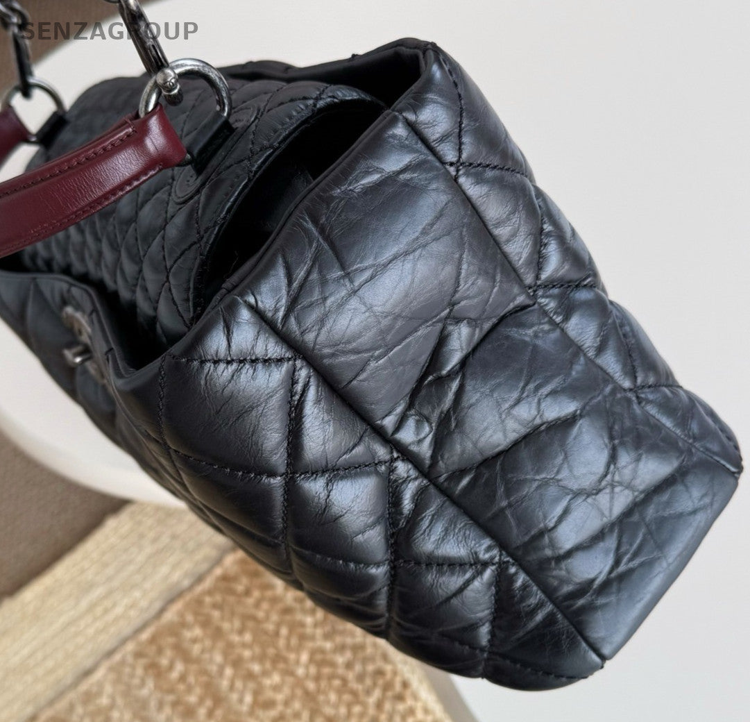 Chanel Calfskin Chain Diamond Top handle bag Shoulder Bag Black Silver Women