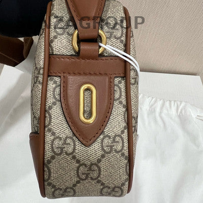 Gucci GG Emblem Camera Bag Beige Brown Gold Buckle Classic Women's Shoulder