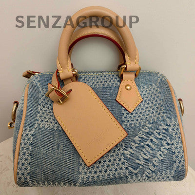Louis Vuitton Damier Nano Speedy 18 Denim Blue Gold Women's Handbag