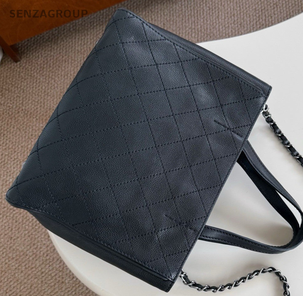 Chanel Diamond Chain Calfskin Tote Handbag Shoulder Bag Black Silver Women