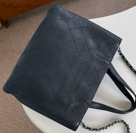 Chanel Diamond Chain Calfskin Tote Handbag Shoulder Bag Black Silver Women