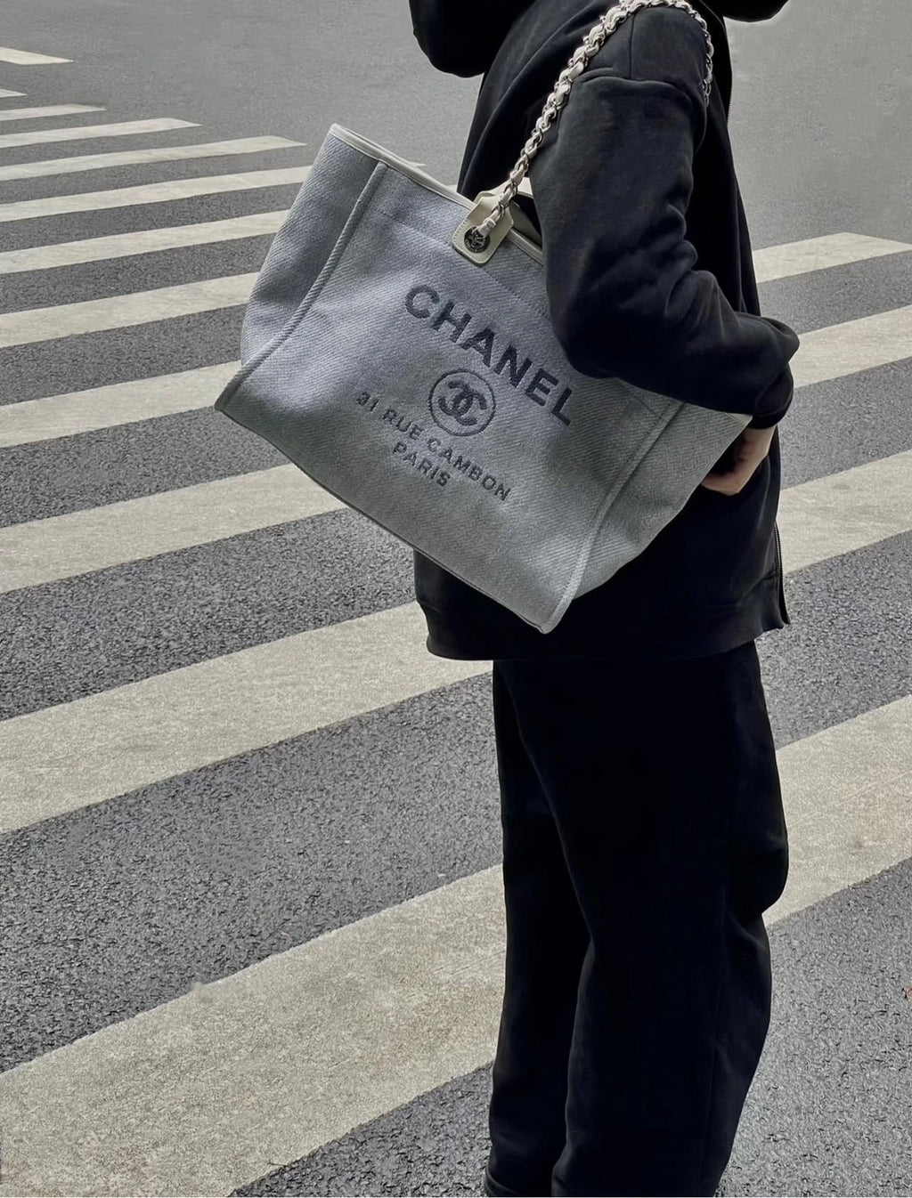 CHANEL Light Blue White Canvas Beach Tote Bag for Women