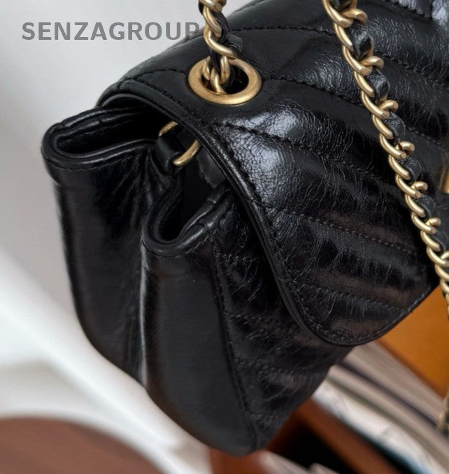 Chanel Calfskin Chain Shoulder Bag Crossbody Black Gold Used Women Classic