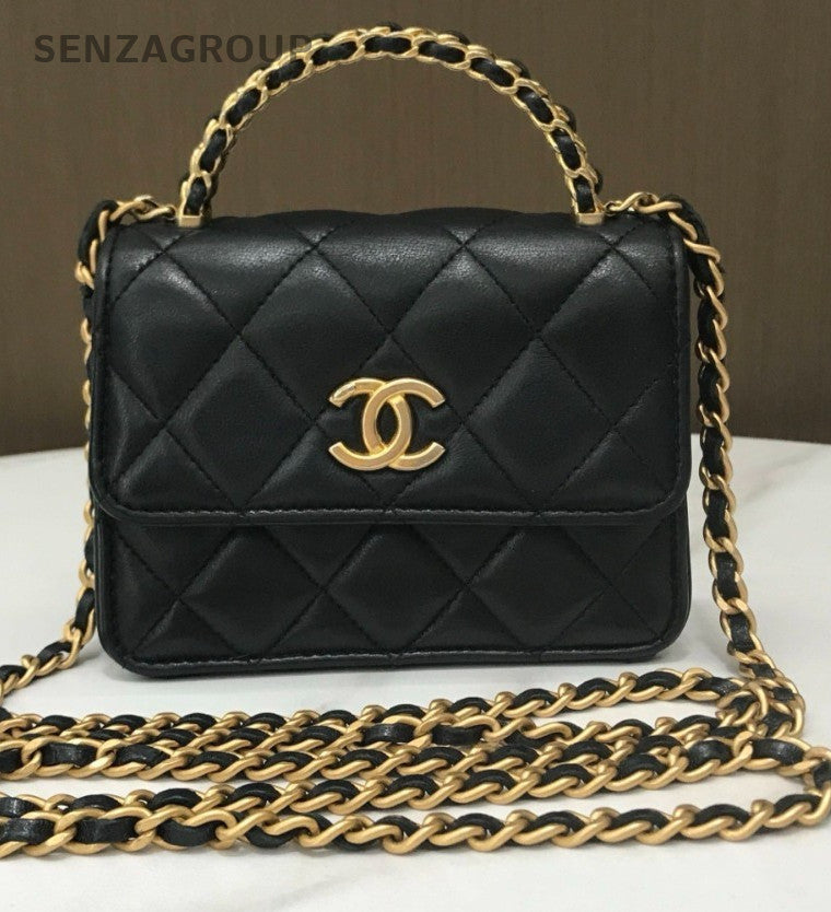 Chanel Lambskin Diamond Pattern Chain Shoulder Bag Crossbody Black Gold Women