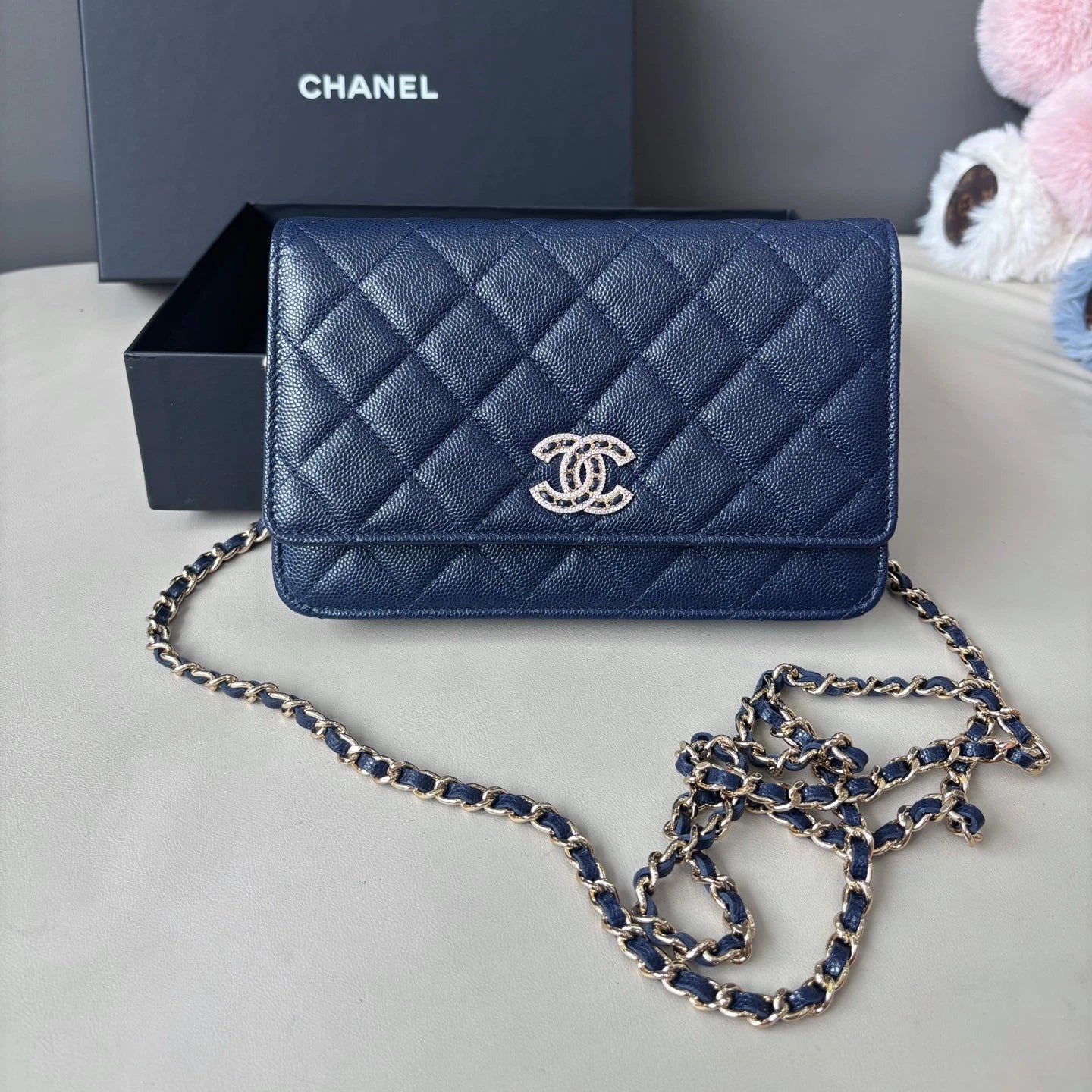 Excellent Chanel WOC Calfskin Blue Shoulder Bag Crossbody Gold Hardware Diamond