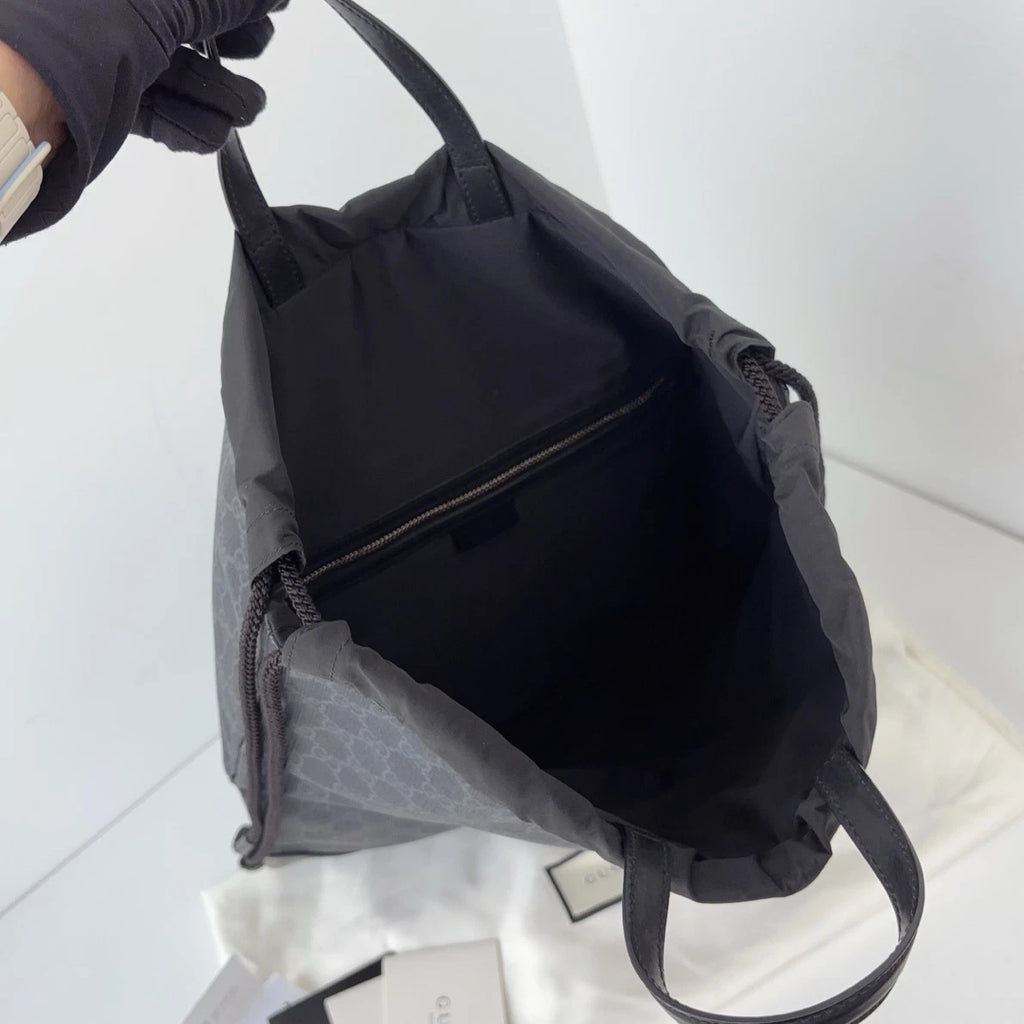 Excellent Gucci Black Monogram Drawstring Satchel Bag Handbag Backpack