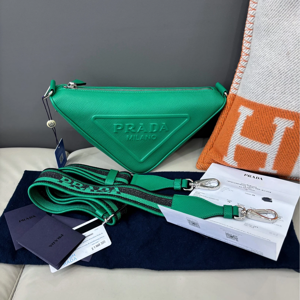 Prada Calfskin Triangle Crossbody Green Silver Women Classic