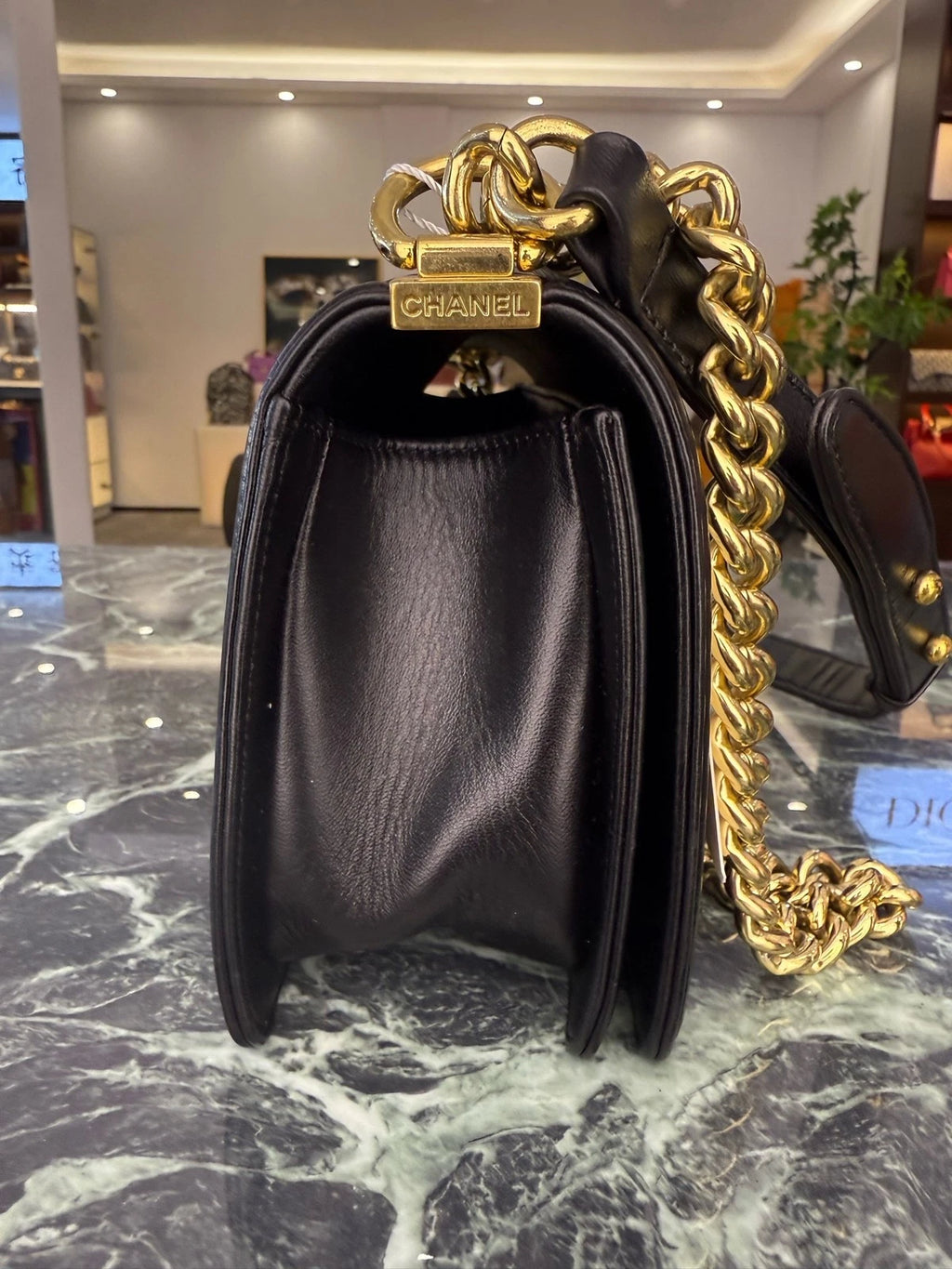 CHANEL Calfskin Waffle Black Gold Leboy Shoulder Bag Women