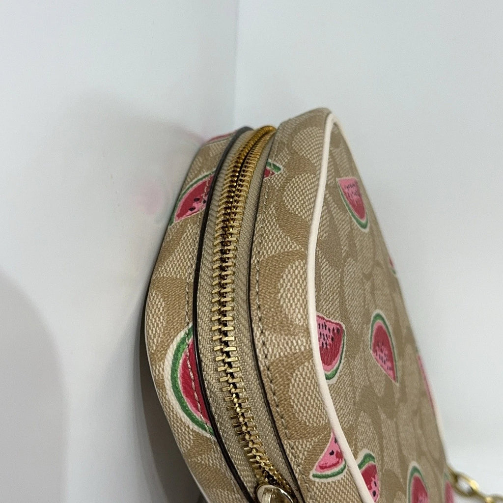 Coach Beige Canvas Monogram Watermelon Print Crossbody Camera Bag Women