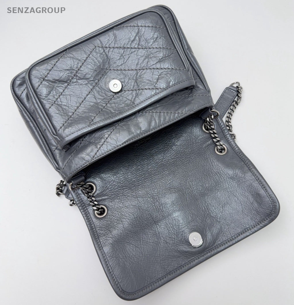 Saint Laurent Niki PM Chain Crossbody Shoulder Bag Gray Silver Women Classic