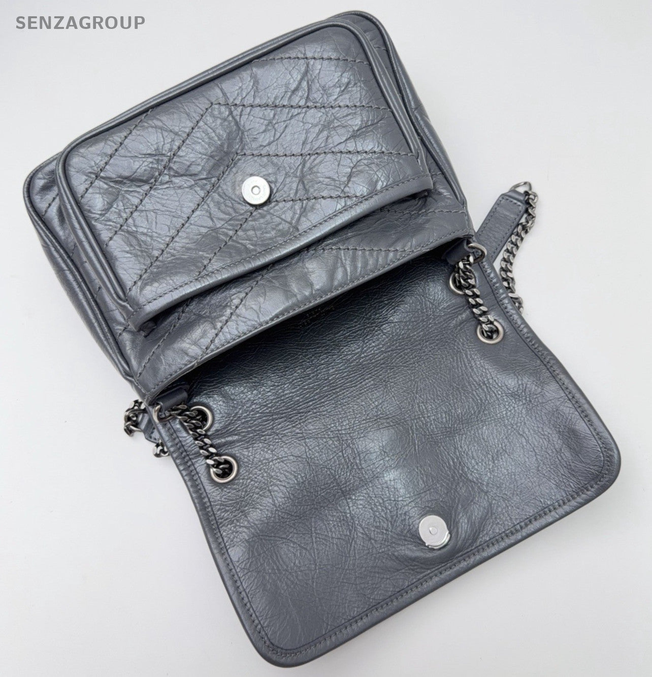 Saint Laurent Niki PM Chain Crossbody Shoulder Bag Gray Silver Women Classic