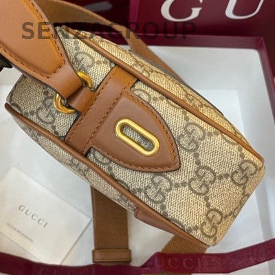Gucci GG Emblem Canvas Shoulder Crossbody Bag Beige Gold Hardware