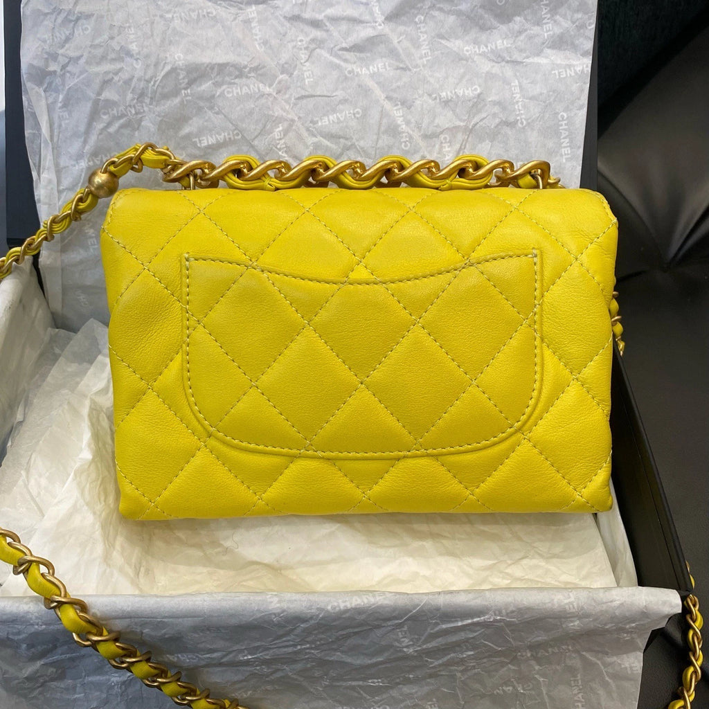 Chanel Calfskin Chain Top Handle Crossbody Diamond Yellow Gold Women Classic