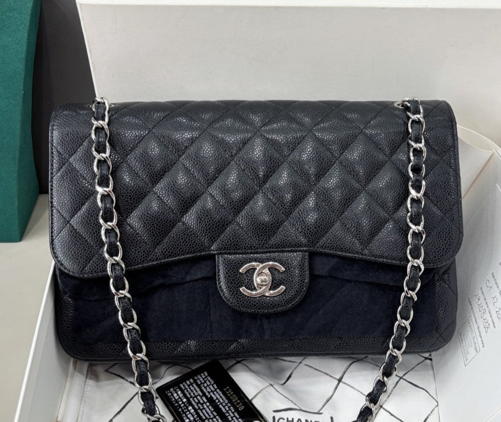 Chanel Classic Flap Jumbo Calfskin Chain Shoulder Bag Black Silver Women Fashion