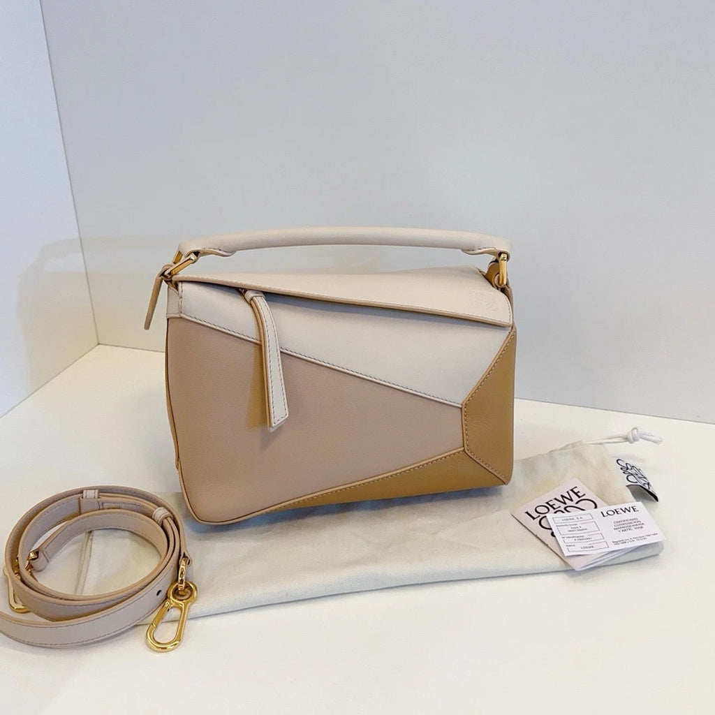Loewe Puzzle Small Calfskin Handbag Crossbody Bag Oat Milk Tea Tricolor Classic