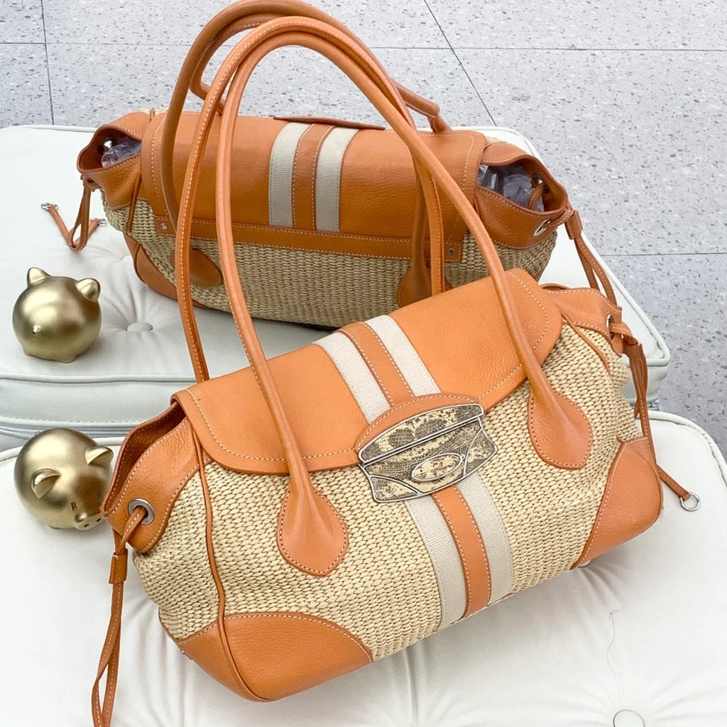 Prada Calfskin 2Ways Top Handle Shoulder Bag Orange Women Classic S