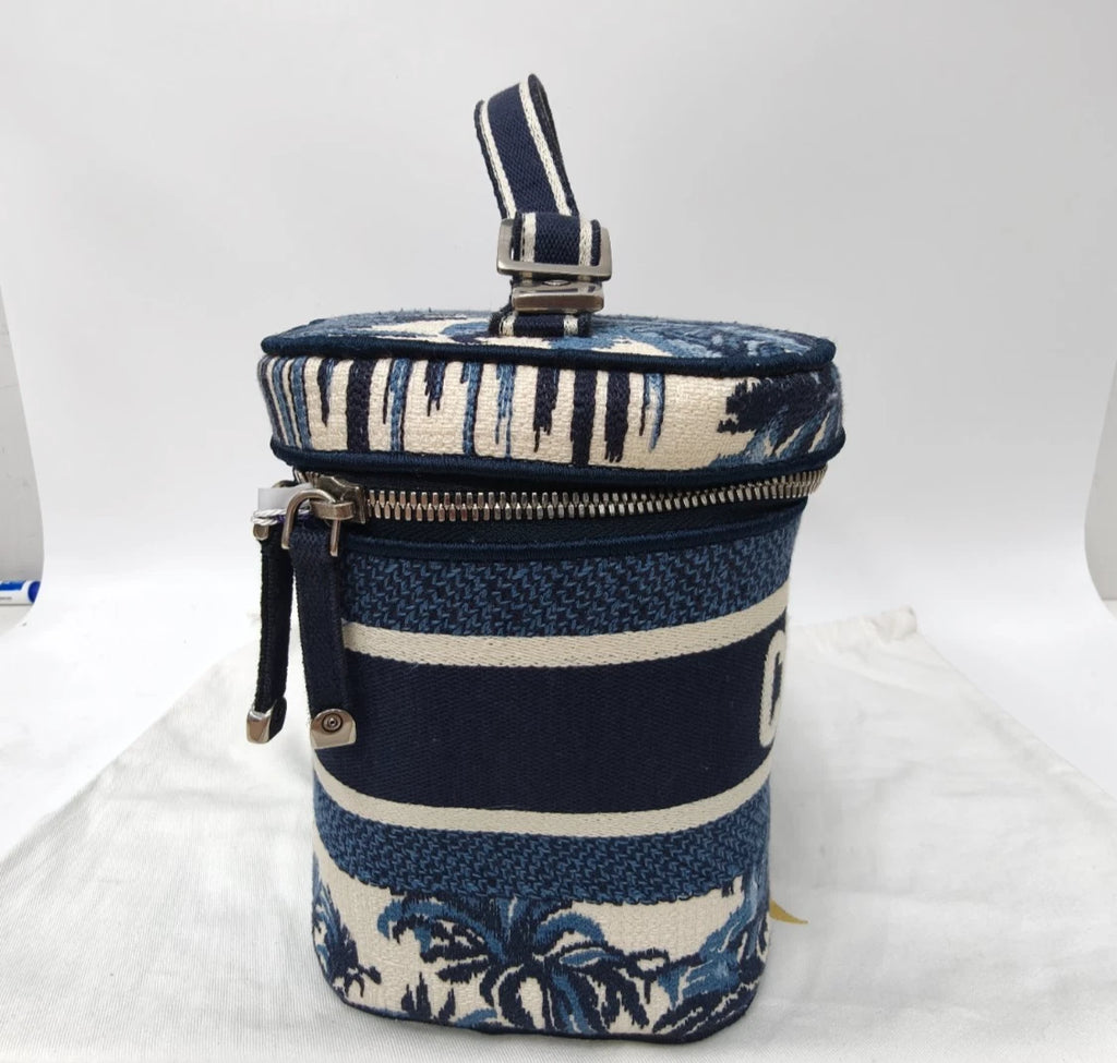 Christian Dior Travel Vanity Case Canvas Top Handle Bag Blue Silver Women