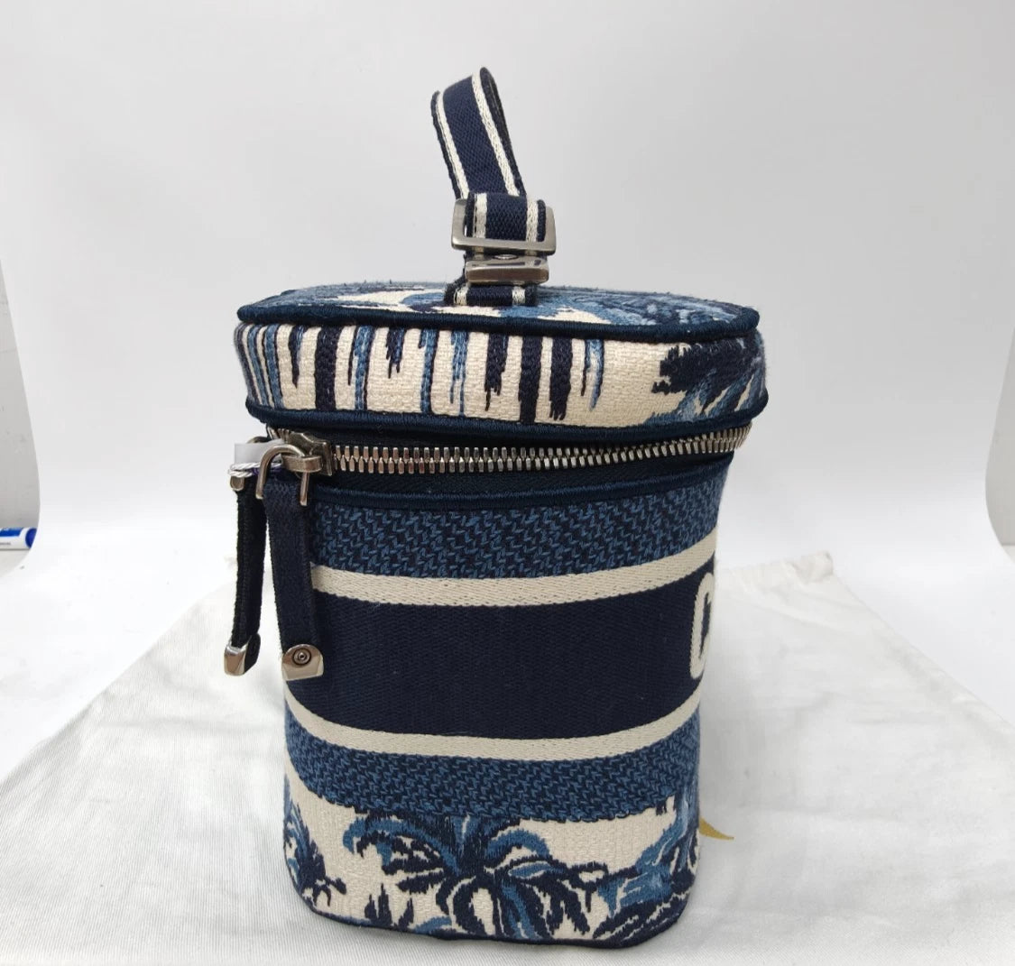 Christian Dior Travel Vanity Case Canvas Top Handle Bag Blue Silver Women