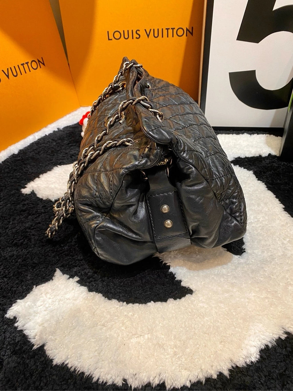 CHANEL Black Silver Vintage Puff Shoulder Bag For Women