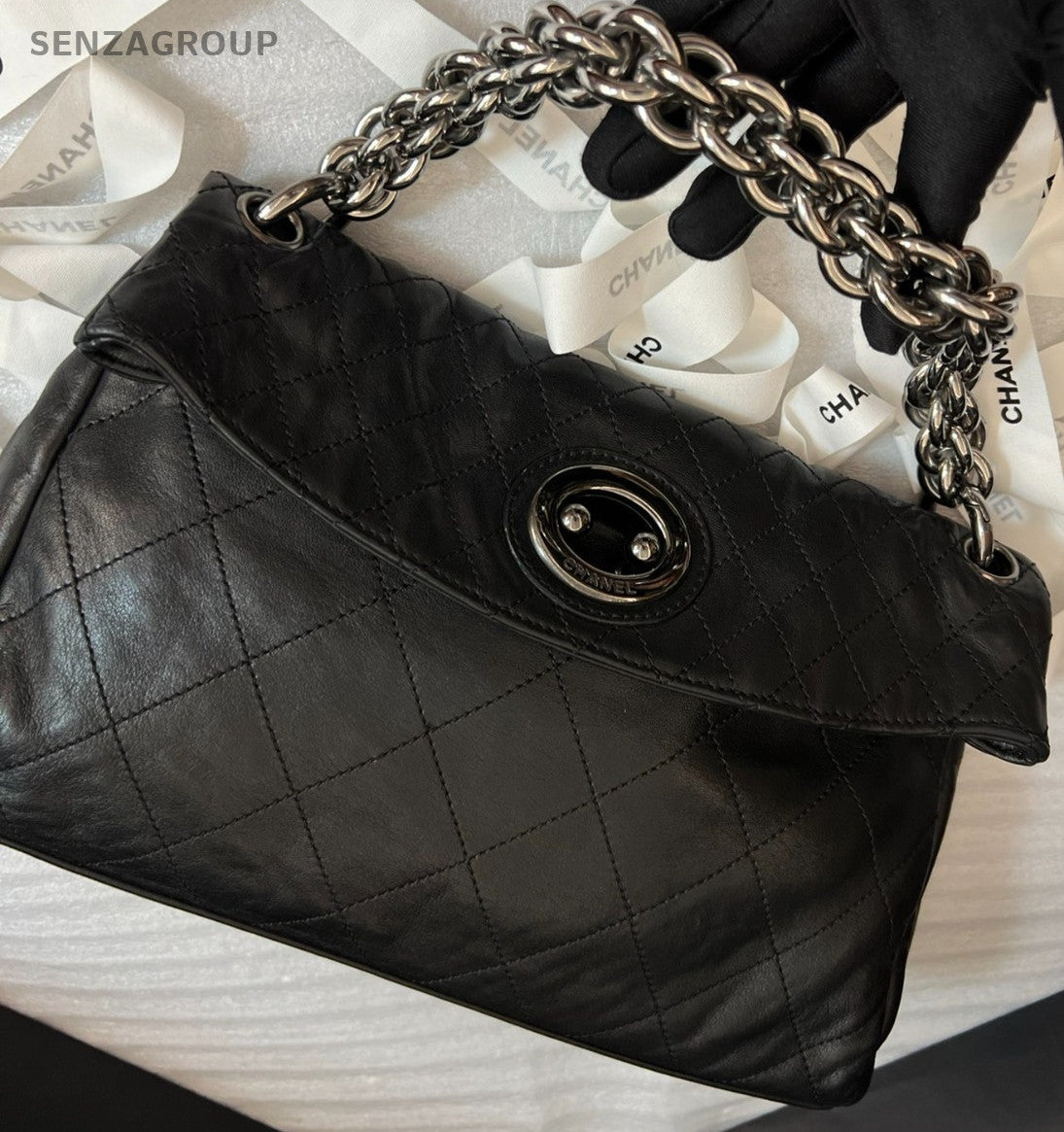 CHANEL Classic Pig nose Herringbone chain Shoulder bag Black Silver