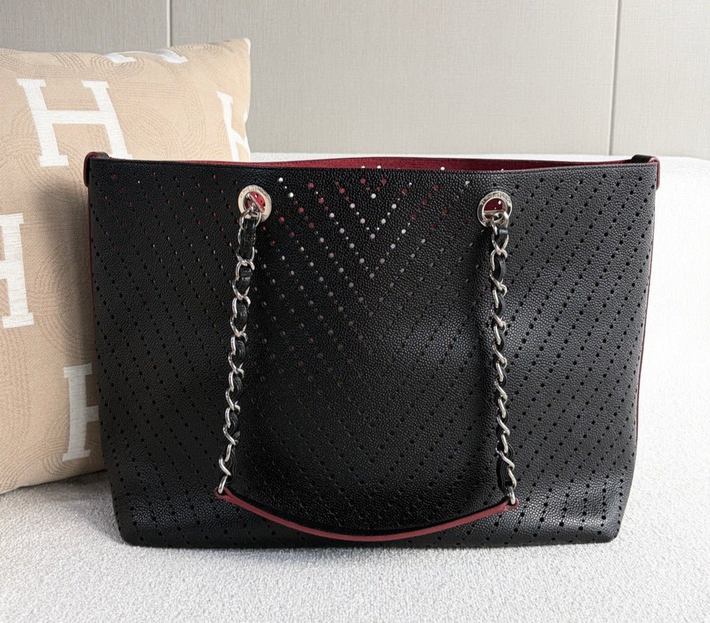 Chanel Shopping Tote Chain Shoulder Bag Black Silver Used Women Classic Fashion