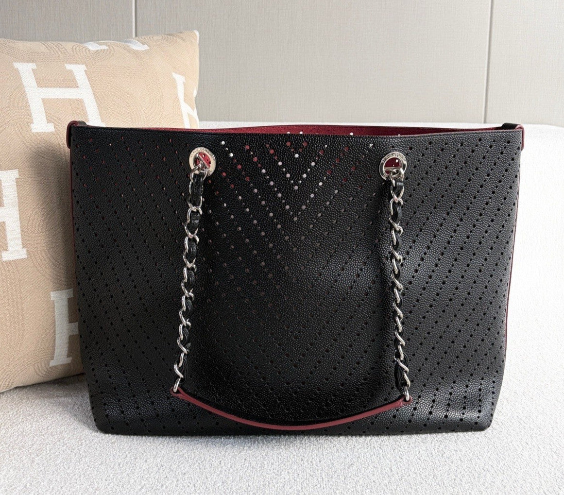 Chanel Shopping Tote Chain Shoulder Bag Black Silver Used Women Classic Fashion