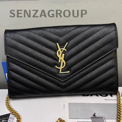 Saint Laurent YSL Caviar V-Pattern Leather Shoulder Crossbody Bag Black Gold