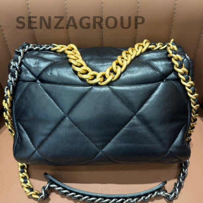 Chanel 19 Medium Quilted Chain Shoulder Bag Black Gold Classic Women