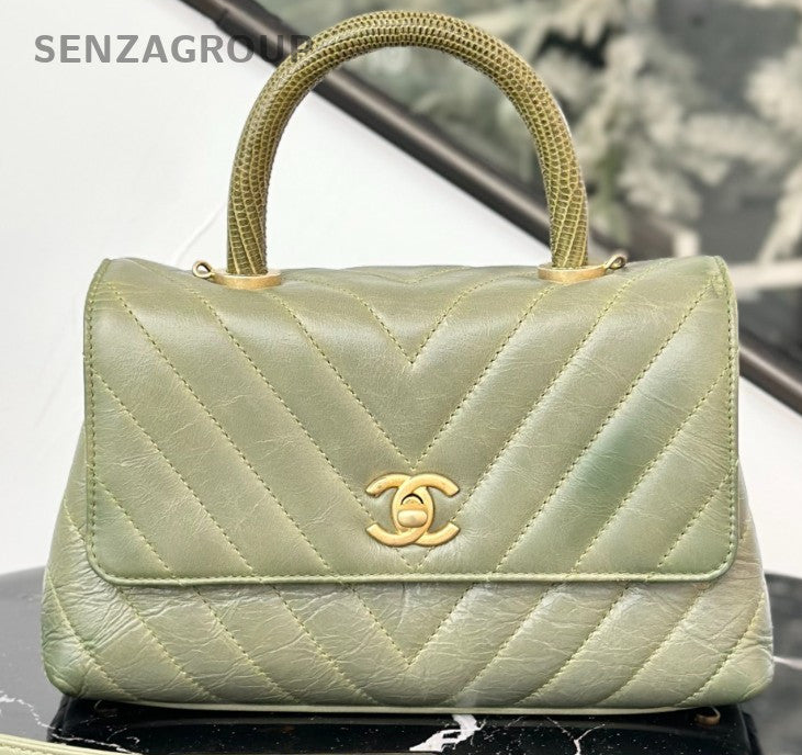 Chanel Cocohandle PM Calfskin Top Handle Bag Crossbody Green Gold Women Classic