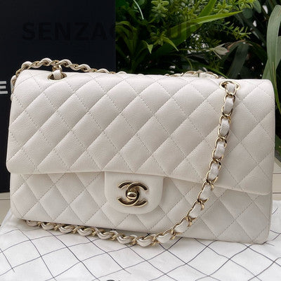 Chanel Classic Flap Medium Quilted Chain Shoulder Bag in White Gold