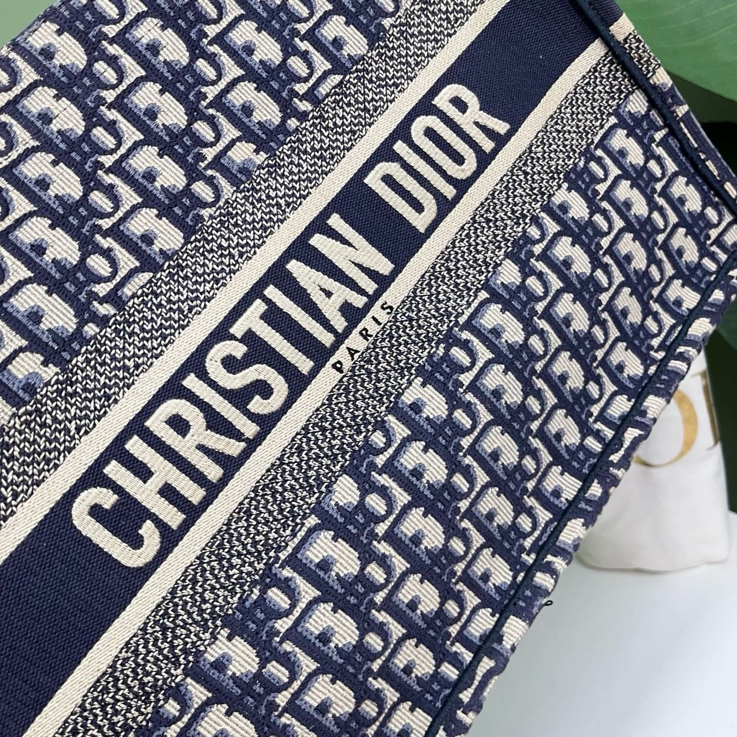Christian Dior Oblique MM Tote Top Handle Bag Blue White Used Women Classic