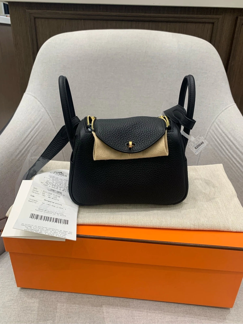 Hermes Mini Lindy Black Gold Togo Leather Top Handle Bag For Women