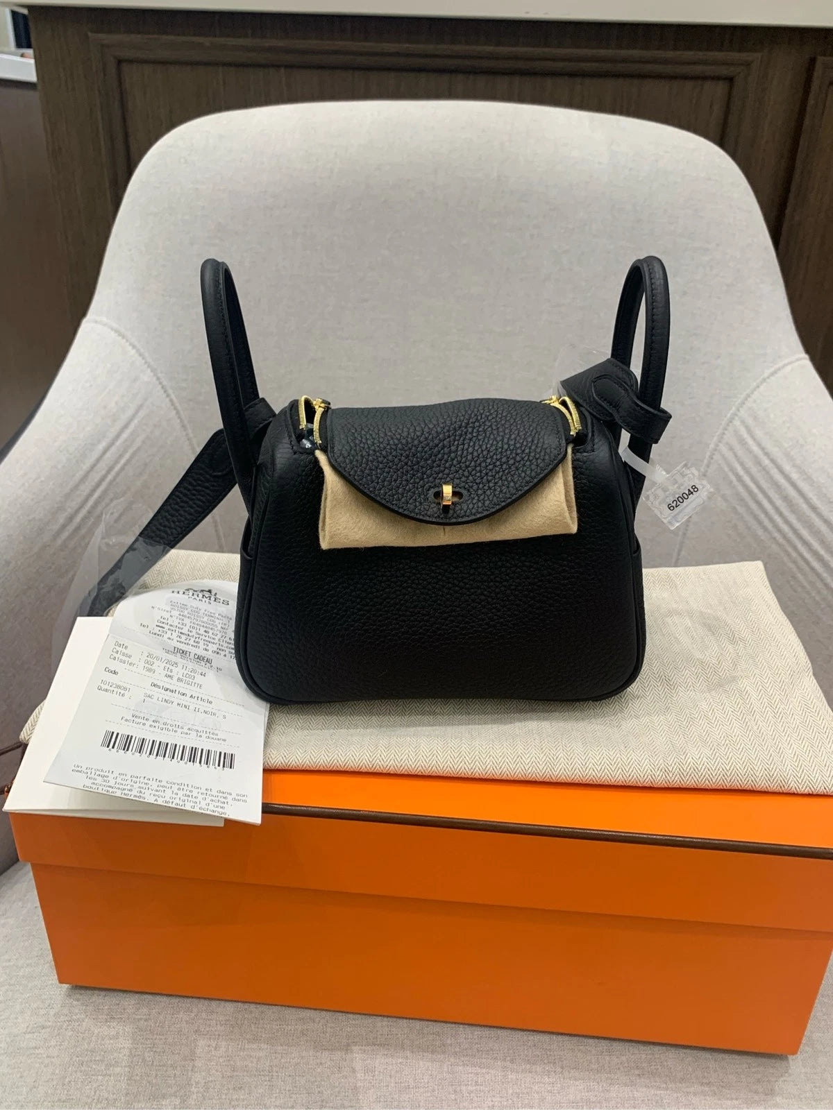 Hermes Mini Lindy Black Gold Togo Leather Top Handle Bag For Women
