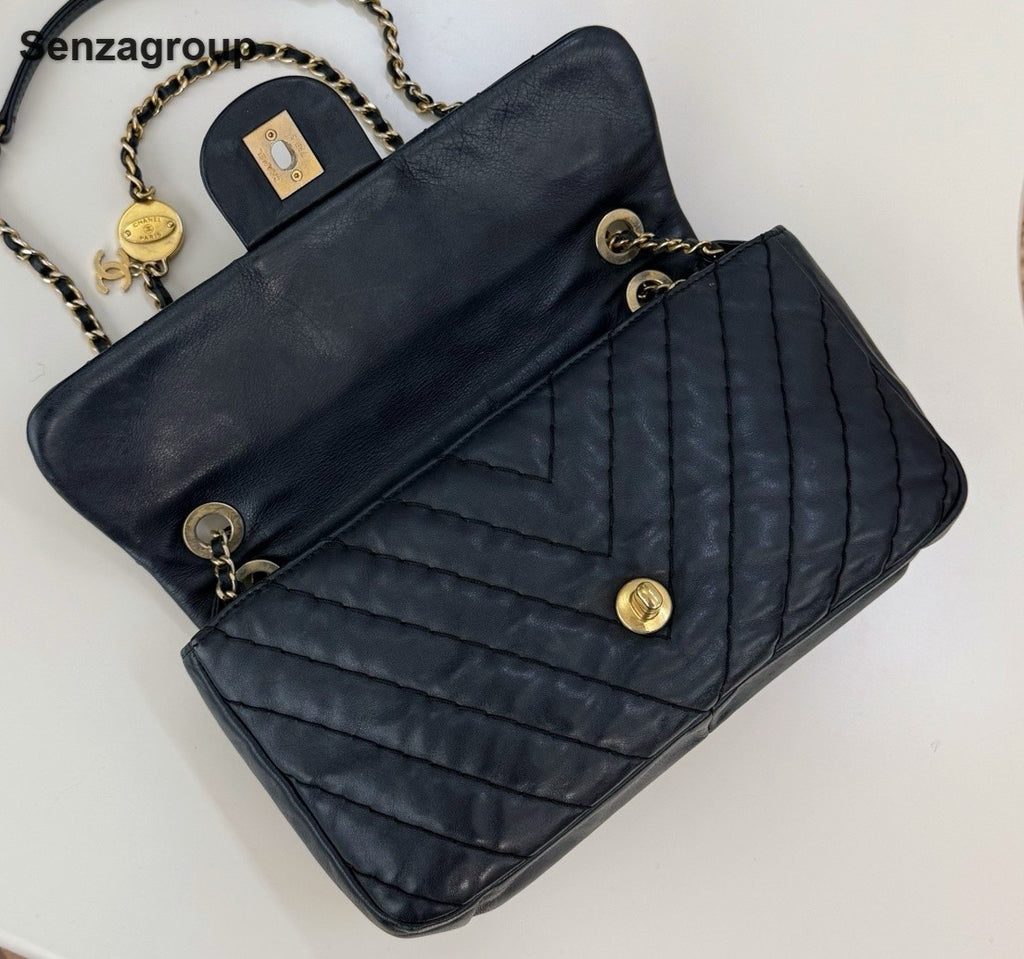 Chanel Classic Flap PM Calfskin Chain Shoulder Bag Crossbody Black Gold Women