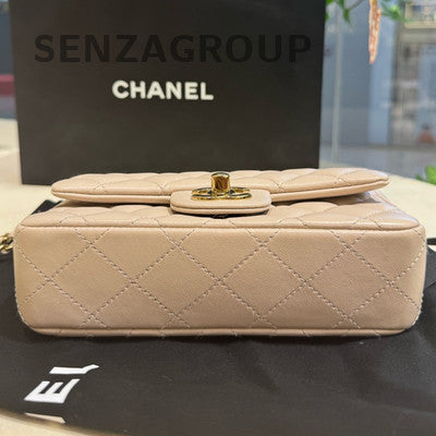 Chanel Classic Flap Mini Beige Quilted Chain Crossbody Bag Gold Hardware