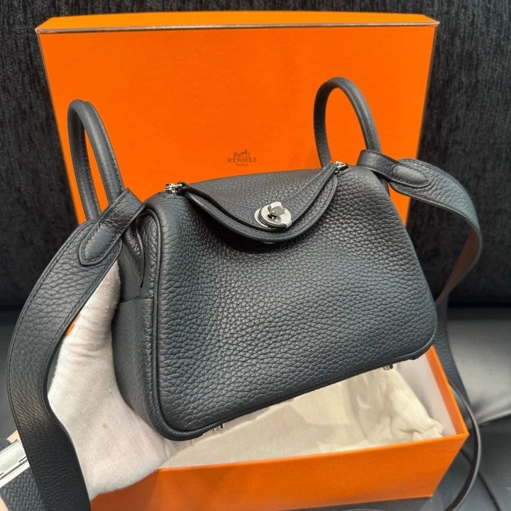 Hermes Lindy Mini Top Handle Shoulder Bag Black Silver Hardware Women D