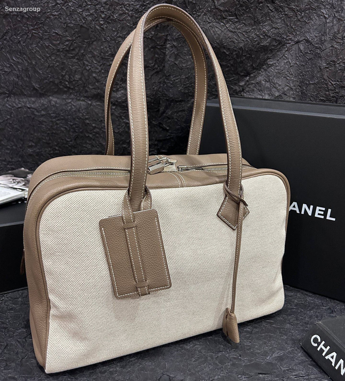 Hermes Victoria35 Top Handle Bag Canvas Beige Brown Silver Used Women Classic