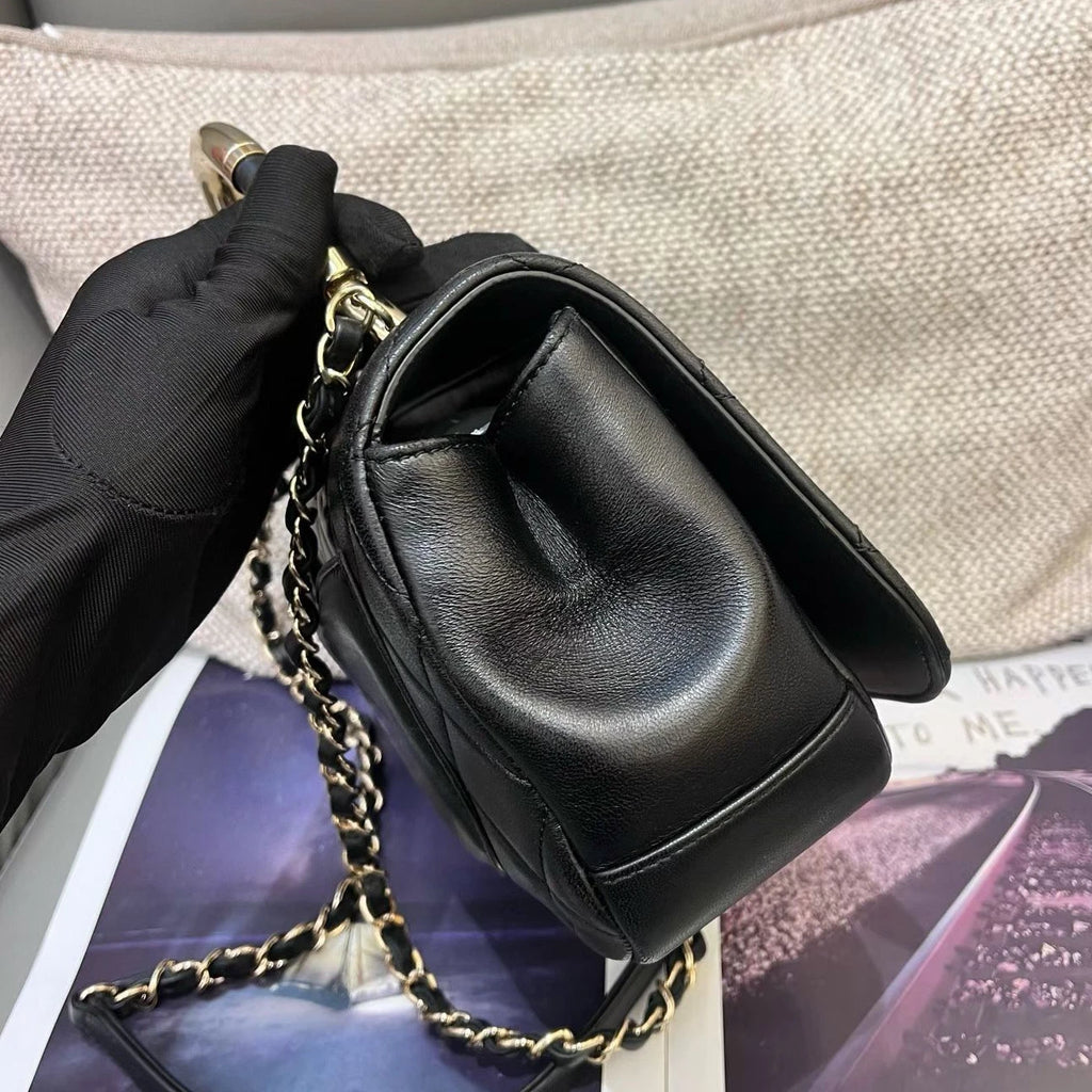 Chanel Lambskin Chain Top Handle Crossbody Black Gold Diamond Women Classic