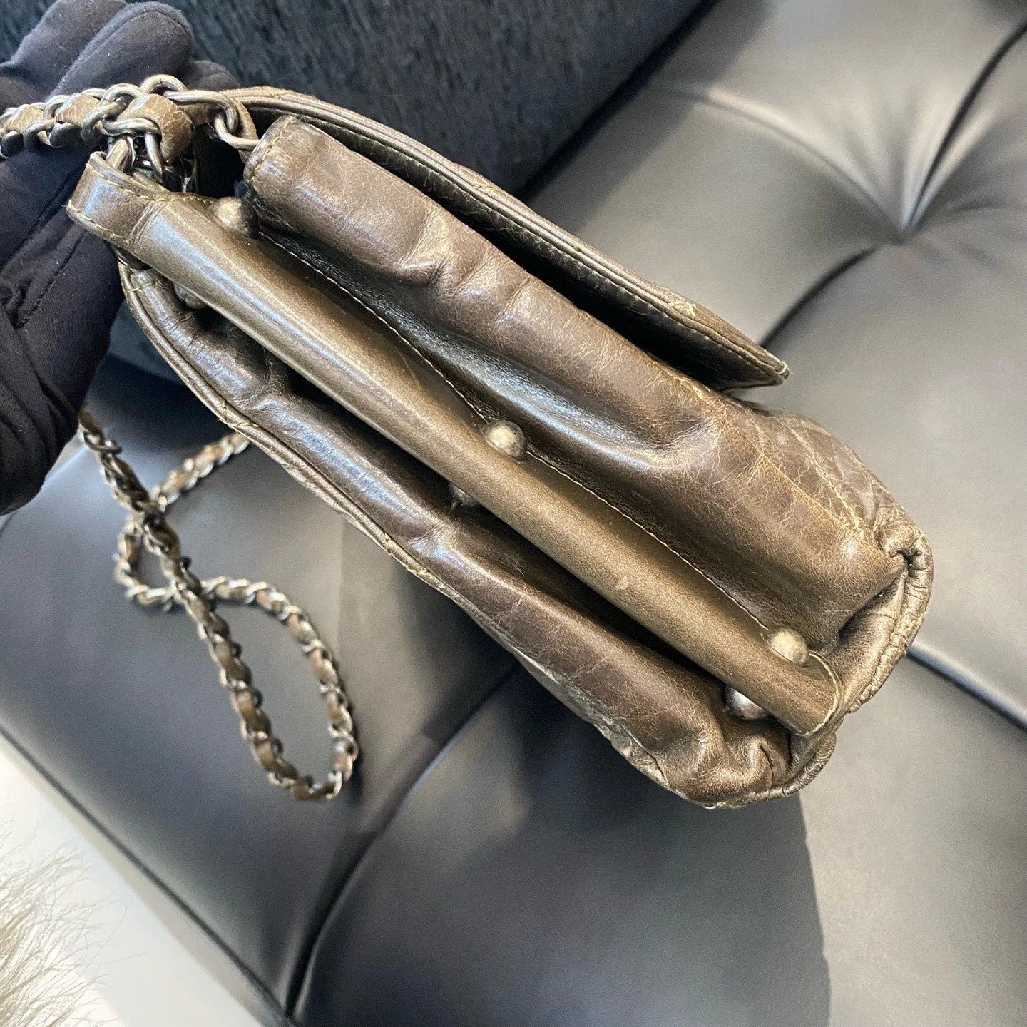 Chanel Leboy Chain Diamond Shoulder Bag Brown Silver Used Women Classic