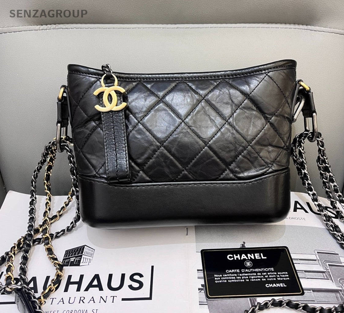 CHANEL Gabrielle PM Diamond Pattern Chain Shoulder bag Black Silver Women