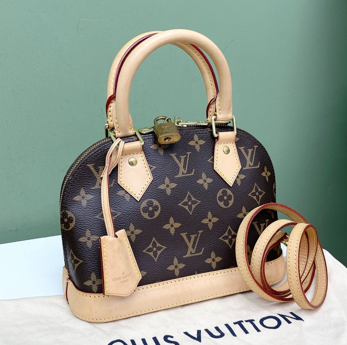 Louis Vuitton Alma BB Monogram Canvas Top Handle Crossbody Brown Gold Used Women