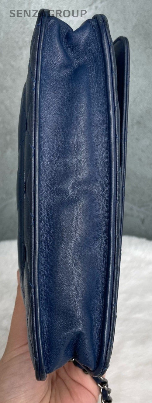 Chanel Classic Flap Calfskin Chain Shoulder Bag Blue Silver Women Designer