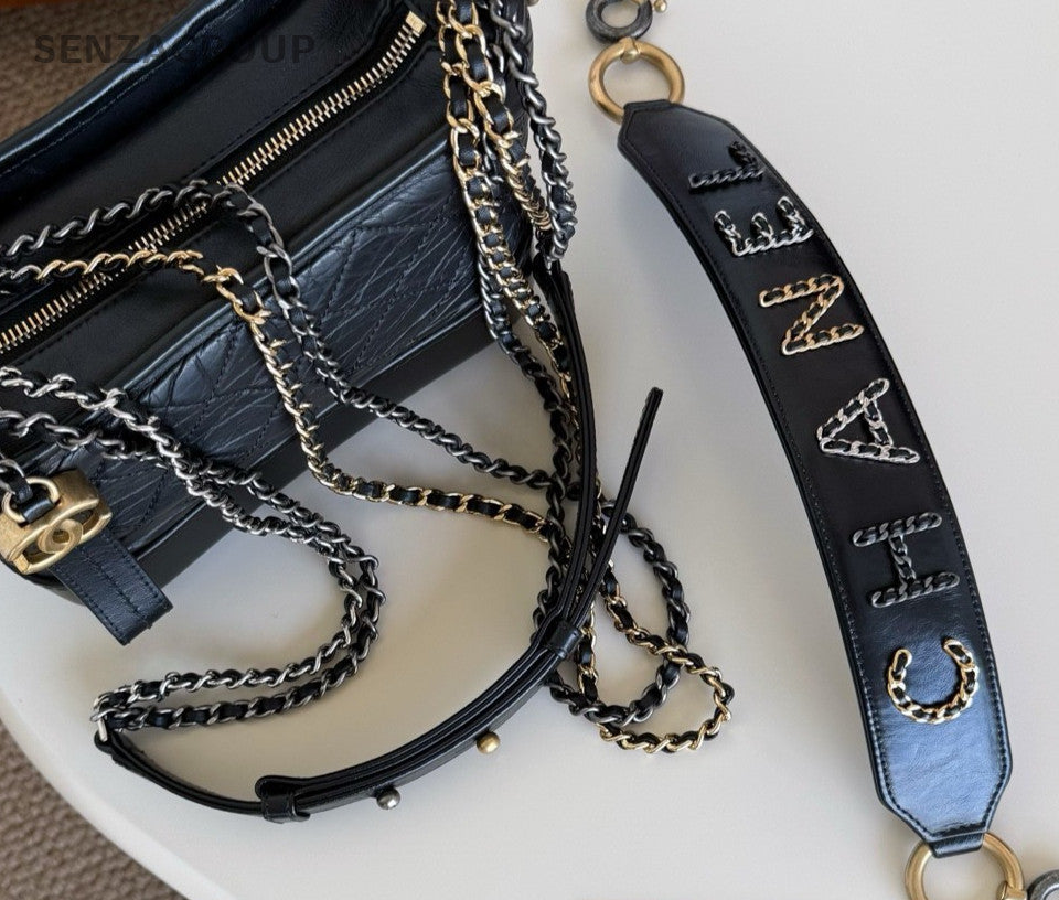 Chanel Gabrielle PM Chain Shoulder Bag Black Gold Diamond Women Classic Fashion