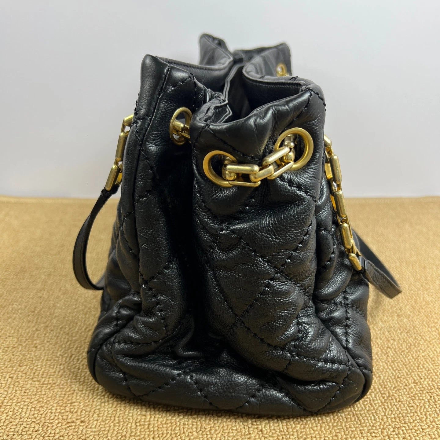 Chanel Diamond Tote Chain Shoulder Bag Black Gold Used Women Classic