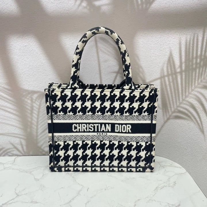 Dior Houndstooth Embroidered Canvas Small Tote Handbag For Women