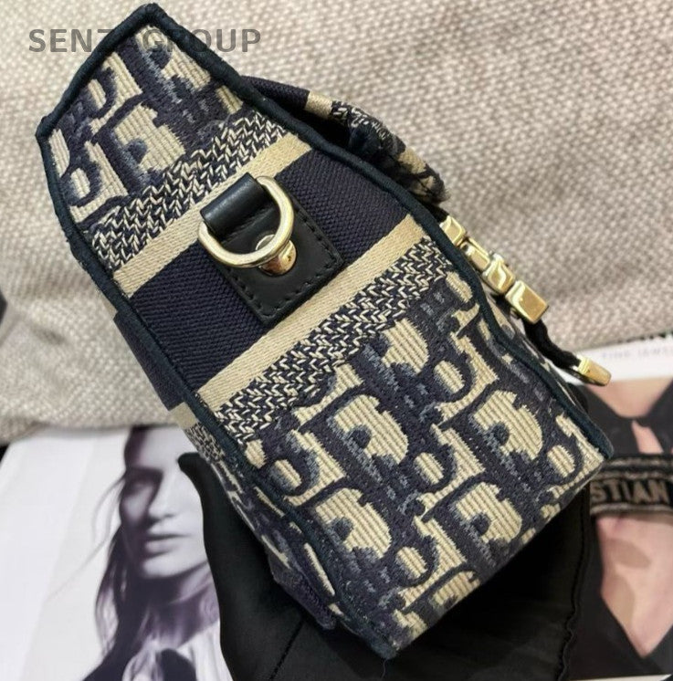Christian Dior Oblique PM Shoulder Bag Blue Gold Used Women Classic Fashion