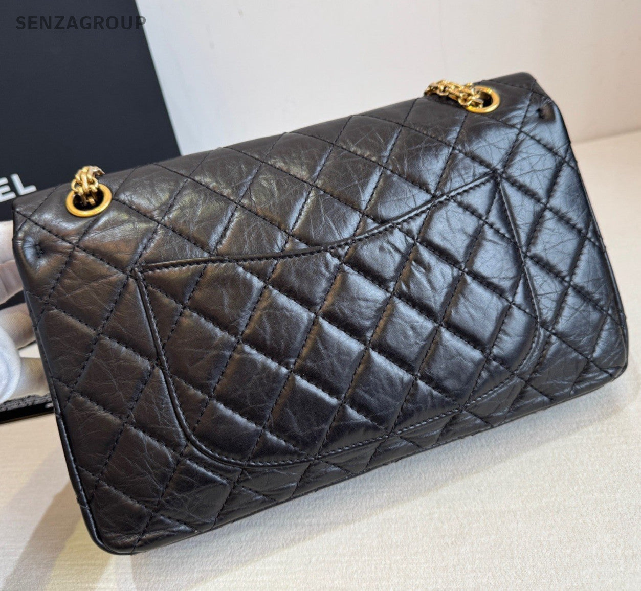 Chanel Diamond MM Chain Shoulder Bag Black Gold Used Women Classic