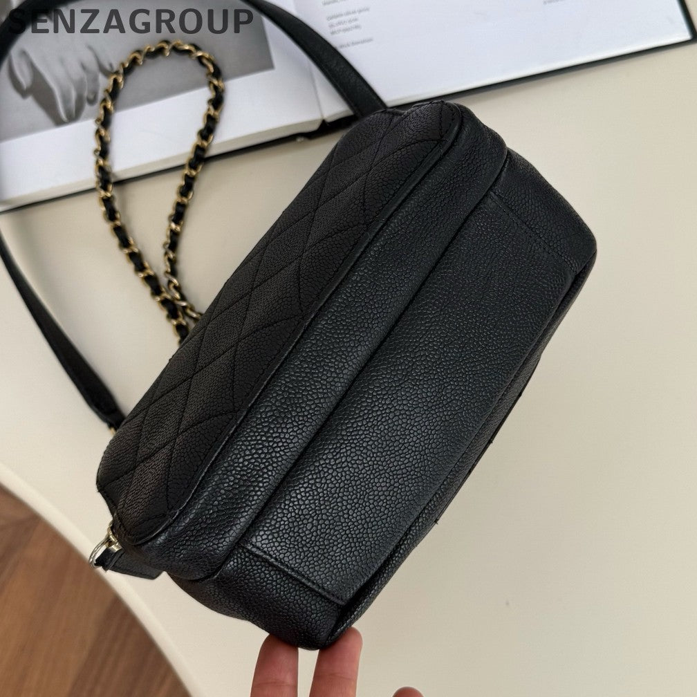 Chanel Diamond Chain Black Gold Shoulder Bag Crossbody Women Classic