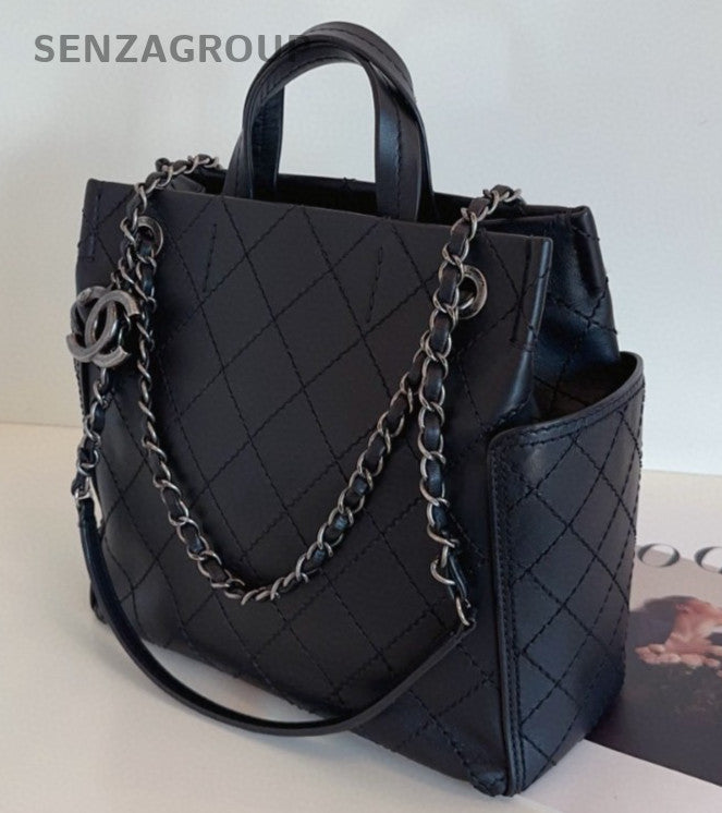 Chanel Diamond PM Tote Calfskin Top Handle Bag Chain Shoulder Bag Black Women