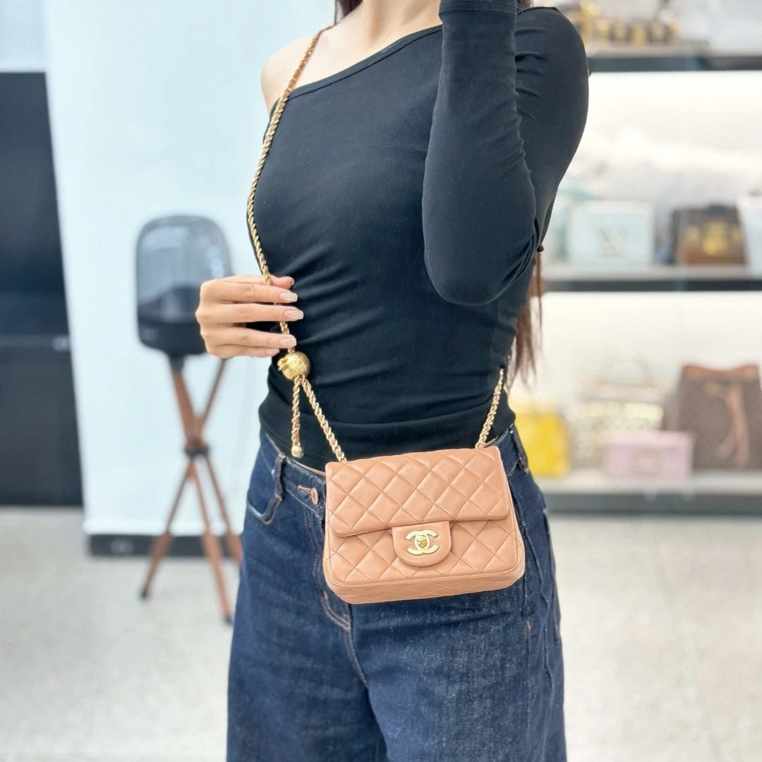 Chanel Lambskin Chain Shoulder Crossbody Bag Brown Gold Hardware Women S